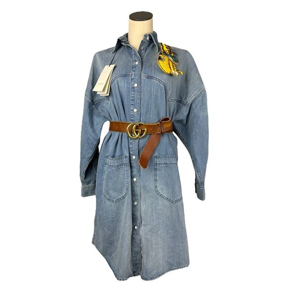 Gucci NWT SS 19 Bleached Oversized Denim Midi Dress w/ Cat Broach 38 M - Picture 1 of 9